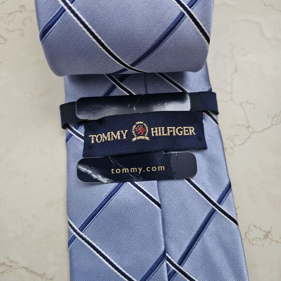 Tommy Hilfiger Blue & Black Cross Stripe Tie 100% Silk Made in USA NWT Emblem - Picture 8 of 9